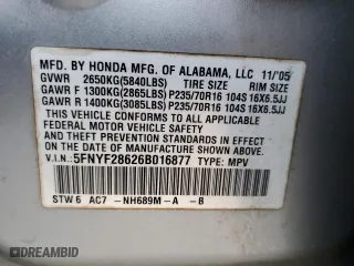 2006 Honda Pilot EX-L with RES with VIN 5FNYF28626B016877, listed as a Copart auction lot 85052884 with 201,001 mi miles and Salvage Title. Bid and sale history available at carsss.com. Image 13.