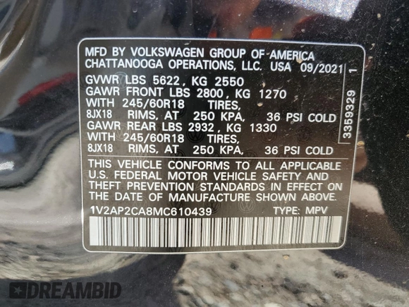 2021 Volkswagen Atlas S with VIN 1V2AP2CA8MC610439, listed as a Copart auction lot 81643654 with 39,514 mi miles and Salvage title. Bid and sale history available at DreamBid. Image 13.