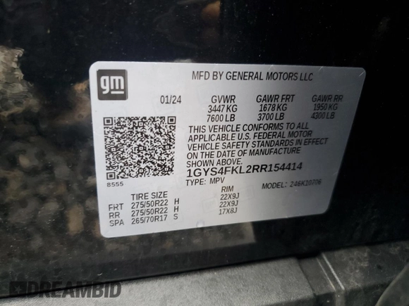 2024 Cadillac Escalade 4WD Sport with VIN 1GYS4FKL2RR154414, listed as a Copart auction lot 56644165 with 11,479 mi miles and Salvage title. Bid and sale history available at DreamBid. Image 14.