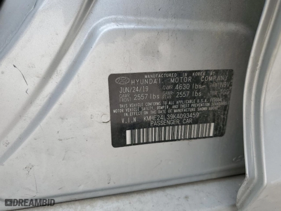 2019 Hyundai Sonata Hybrid SE with VIN KMHE24L39KA093459, listed as a Copart auction lot 46731325 with 0 mi miles and Non Repairable. Bid and sale history available at carsss.com. Image 13.