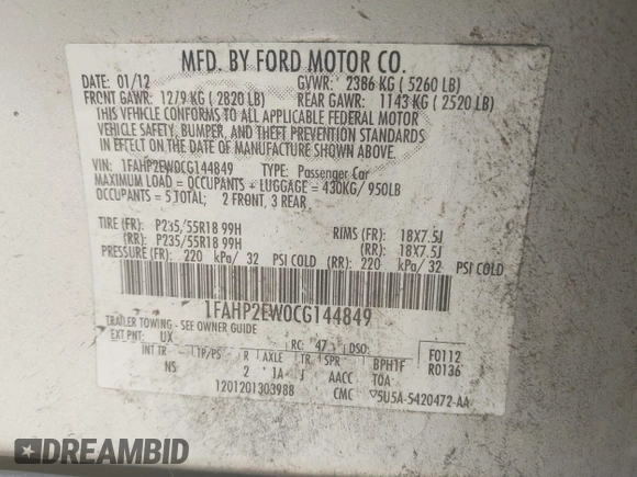 2012 Ford Taurus SEL with VIN 1FAHP2EW0CG144849, listed as a IAAI auction lot 41332919 with 257,793 mi miles and . Bid and sale history available at DreamBid. Image 9.