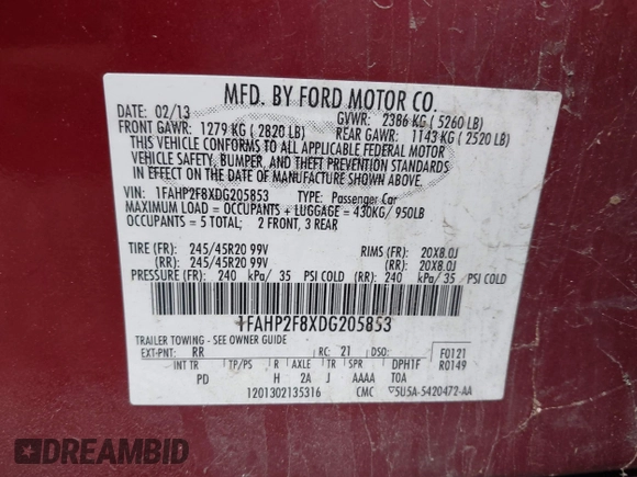 2013 Ford Taurus Limited with VIN 1FAHP2F8XDG205853, listed as a IAAI auction lot 42674121 with 211,637 mi miles and . Bid and sale history available at DreamBid. Image 9.