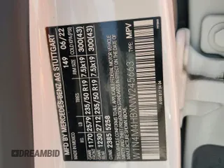 2022 Mercedes-Benz GLB 250 с VIN W1N4M4HBXNW245663, выставлен на аукционе Copart как лот 53356895 с пробегом 54 067 миль миль и Списание • Salvage title. История ставок и продаж доступна на DreamBid. Изображение 13.
