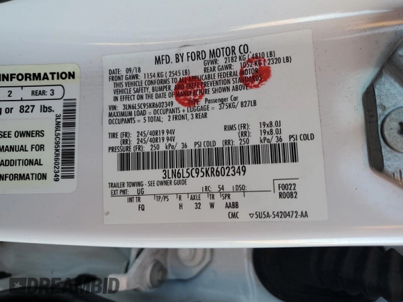 2019 Lincoln MKZ Reserve I with VIN 3LN6L5C95KR602349, listed as a Copart auction lot 46288785 with 57,071 mi miles and Salvage title. Bid and sale history available at DreamBid. Image 12.