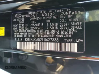 2020 Hyundai Kona Ultimate with VIN KM8K5CA52LU427338, listed as a Copart auction lot 67275882 with 32,864 mi miles. Bid and sale history available at carsss.com. Image 12.
