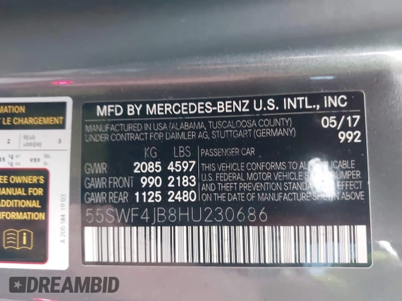 2017 Mercedes-Benz C 300 with VIN 55SWF4JB8HU230686, listed as a IAAI auction lot 41924402 with 102,989 mi miles and . Bid and sale history available at carsss.com. Image 9.