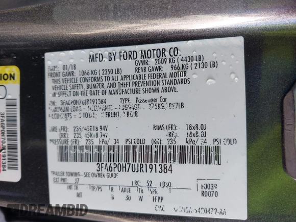 2018 Ford Fusion SE z VIN 3FA6P0H70JR191384, wystawiony jako IAAI lot #41340319 z przebiegiem 89 581 mil mil oraz . Historia ofert i sprzedaży dostępna na DreamBid. Obrazek 9.