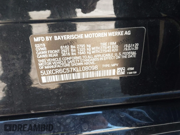 2019 BMW X5 xDrive40i with VIN 5UXCR6C57KLL08098, listed as a IAAI auction lot 41877557 with 52,980 mi miles and . Bid and sale history available at DreamBid. Image 9.