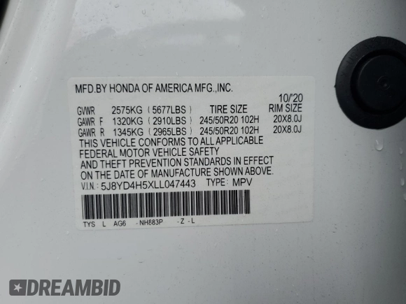 2020 Acura MDX Technology with VIN 5J8YD4H5XLL047443, listed as a Copart auction lot 56631525 with 49,526 mi miles and Salvage title. Bid and sale history available at DreamBid. Image 14.