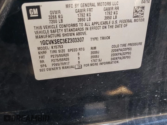 2014 Chevrolet Silverado 1500 LTZ with VIN 1GCVKSEC3EZ303307, listed as a Copart auction lot 46432065 with 206,495 mi miles and Non Repairable. Bid and sale history available at DreamBid. Image 12.
