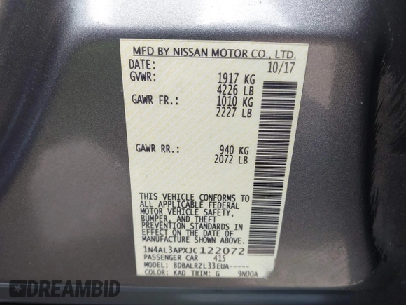2018 Nissan Altima S with VIN 1N4AL3APXJC122072, listed as a IAAI auction lot 41749875 with 184,127 mi miles and . Bid and sale history available at DreamBid. Image 9.