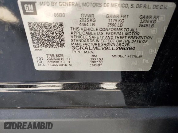 2020 GMC Terrain SLE with VIN 3GKALMEV9LL296364, listed as a Copart auction lot 61935365 with 146,551 mi miles and Salvage title. Bid and sale history available at DreamBid. Image 13.
