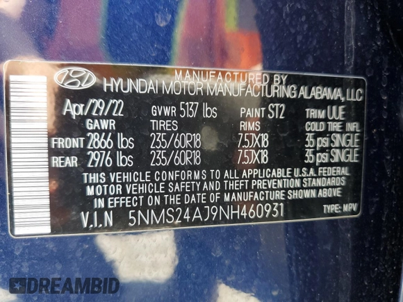 2022 Hyundai Santa Fe SEL with VIN 5NMS24AJ9NH460931, listed as a Copart auction lot 54148015 with 29,139 mi miles and Salvage Title. Bid and sale history available at DreamBid. Image 15.