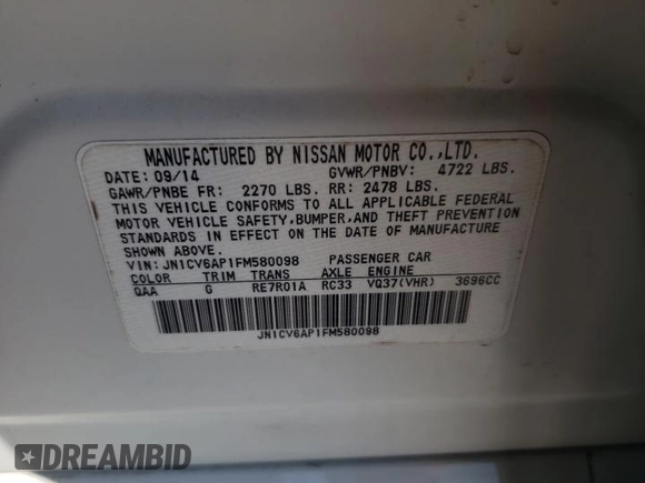 2015 Infiniti Q40 with VIN JN1CV6AP1FM580098, listed as a Copart auction lot 76374654 with 134,903 mi miles and Salvage Title. Bid and sale history available at DreamBid. Image 12.