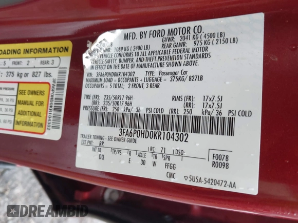 2019 Ford Fusion SE with VIN 3FA6P0HD0KR104302, listed as a IAAI auction lot 41550333 with 73,894 mi miles. Bid and sale history available at carsss.com. Image 9.