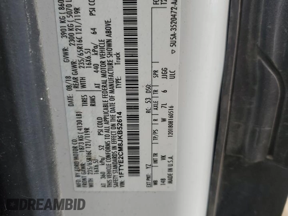 2018 Ford Transit с VIN 1FTYE2CM8JKB52614, выставлен на аукционе Copart как лот 84017114 с пробегом 32 346 миль миль и Чистый • Clean title. История ставок и продаж доступна на DreamBid. Изображение 14.