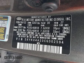 2012 Kia Sorento EX z VIN 5XYKU4A23CG302594, wystawiony jako IAAI lot #41644499 z przebiegiem 173 355 mil mil oraz . Historia ofert i sprzedaży dostępna na DreamBid. Obrazek 9.