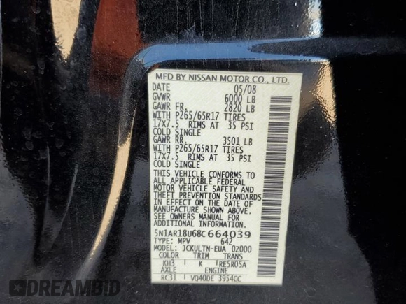 2008 Nissan Pathfinder SE with VIN 5N1AR18U68C664039, listed as a Copart auction lot 84506264 with 148,014 mi miles and Salvage Title. Bid and sale history available at carsss.com. Image 13.