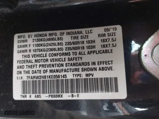 2019 Honda CR-V EX-L with VIN 7FARW2H81KE056145, listed as a IAAI auction lot 41597564 with 1 mi miles. Bid and sale history available at carsss.com. Image 9.