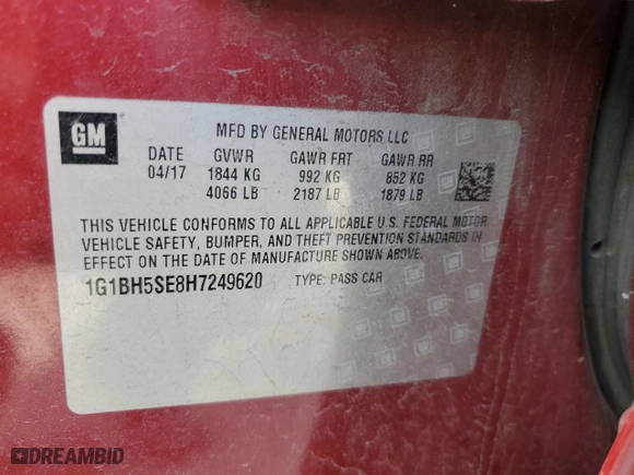 2017 Chevrolet Cruze LT with VIN 1G1BH5SE8H7249620, listed as a Copart auction lot 86529704 with 154,766 mi miles and Non Repairable. Bid and sale history available at carsss.com. Image 12.
