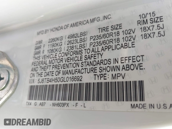 2016 Acura RDX Technology with VIN 5J8TB4H50GL016692, listed as a IAAI auction lot 41827258 with 209,224 mi miles and . Bid and sale history available at DreamBid. Image 9.