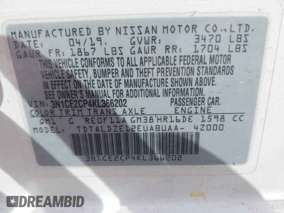 2019 Nissan Note SV with VIN 3N1CE2CP4KL366202, listed as a IAAI auction lot 42140654 with 55,274 mi miles and . Bid and sale history available at DreamBid. Image 9.