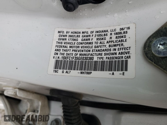 2016 Honda Civic EX-T z VIN 19XFC1F35GE030380, wystawiony jako Copart lot #58374315 z przebiegiem 185 175 mil mil oraz Szkoda całkowita • Salvage title. Historia ofert i sprzedaży dostępna na DreamBid. Obrazek 12.