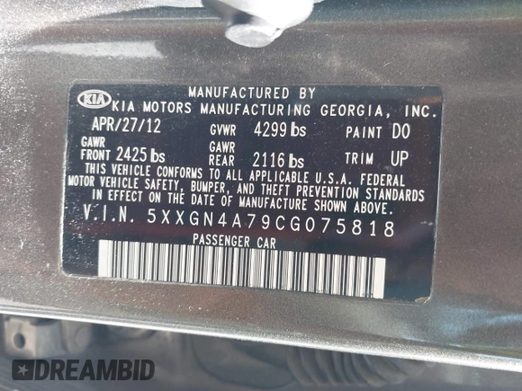 2012 Kia Optima EX with VIN 5XXGN4A79CG075818, listed as a IAAI auction lot 42151671 with 87,645 mi miles. Bid and sale history available at carsss.com. Image 9.