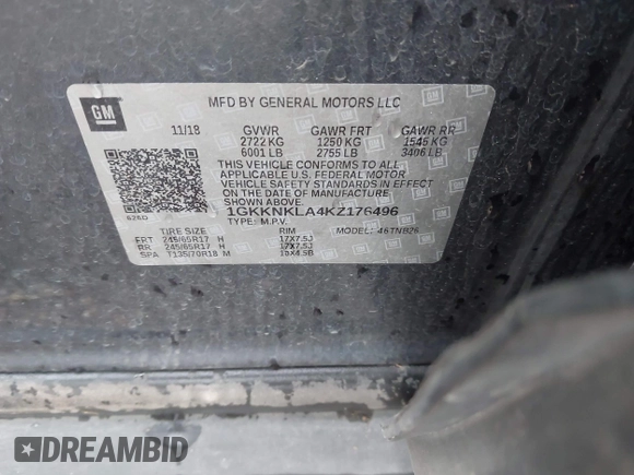 2019 GMC Acadia SLE z VIN 1GKKNKLA4KZ176496, wystawiony jako IAAI lot #42157837 z przebiegiem Nie podano mil oraz . Historia ofert i sprzedaży dostępna na DreamBid. Obrazek 9.