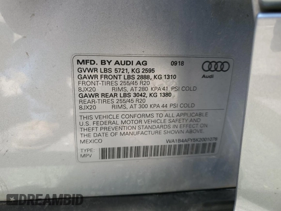 2019 Audi SQ5 Premium Plus with VIN WA1B4AFY5K2001078, listed as a Copart auction lot 55521195 with 57,625 mi miles and Salvage title. Bid and sale history available at DreamBid. Image 13.