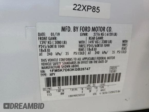 2019 Ford Explorer XLT z VIN 1FM5K7D83KGB28747, wystawiony jako Copart lot #71127864 z przebiegiem 127 986 mil mil oraz Szkoda całkowita • Salvage title. Historia ofert i sprzedaży dostępna na DreamBid. Obrazek 13.