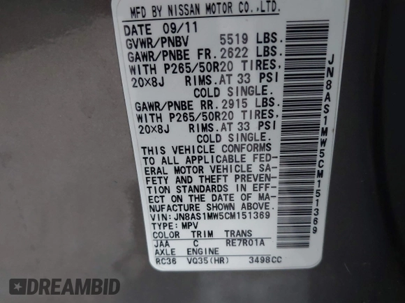 2012 Infiniti FX with VIN JN8AS1MW5CM151369, listed as a IAAI auction lot 42105863 with 127,337 mi miles and . Bid and sale history available at DreamBid. Image 9.