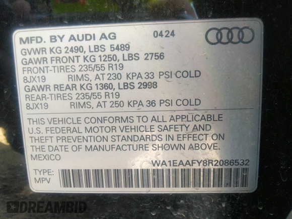 2024 Audi Q5 S line Premium Plus with VIN WA1EAAFY8R2086532, listed as a IAAI auction lot 41845939 with 18,852 mi miles. Bid and sale history available at carsss.com. Image 9.