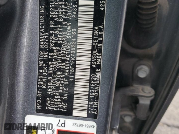 2013 Toyota Camry L with VIN 4T1BF1FK7DU224169, listed as a Copart auction lot 52390335 with 139,462 mi miles and Salvage Title. Bid and sale history available at carsss.com. Image 14.