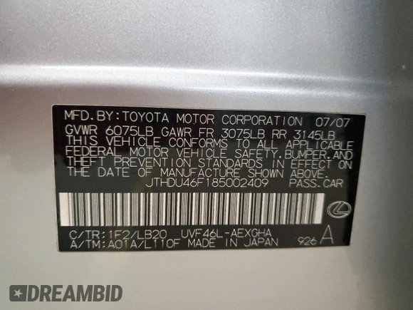 2008 Lexus LS 600h L with VIN JTHDU46F185002409, listed as a Copart auction lot 79900444 with 156,054 mi miles and Salvage title. Bid and sale history available at DreamBid. Image 12.