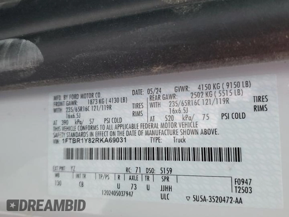 2024 Ford Transit Cargo with VIN 1FTBR1Y82RKA69031, listed as a Copart auction lot 49503815 with Not Provided miles and Salvage Title. Bid and sale history available at DreamBid. Image 13.