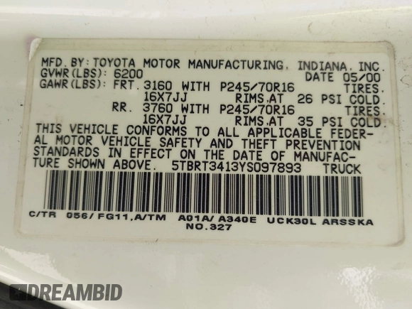 2000 Toyota Tundra SR5 with VIN 5TBRT3413YS097893, listed as a IAAI auction lot 42221710 with 213,142 mi miles and . Bid and sale history available at DreamBid. Image 9.
