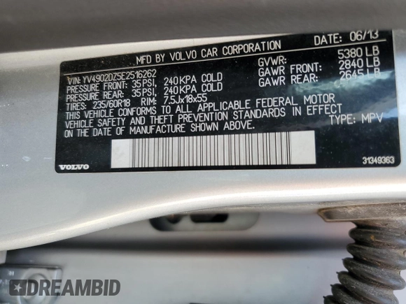 2014 Volvo XC60 R-Design Premier Plus with VIN YV4902DZ5E2516262, listed as a Copart auction lot 57967335 with 123,313 mi miles and Salvage title. Bid and sale history available at DreamBid. Image 14.