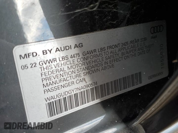 2022 Audi A3 Premium with VIN WAUGUDGY7NA090574, listed as a Copart auction lot 37307574 with 4,805 mi miles. Bid and sale history available at carsss.com. Image 12.