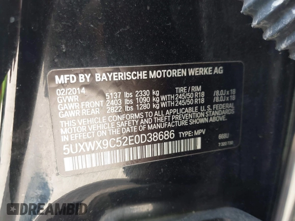 2014 BMW X3 xDrive28i z VIN 5UXWX9C52E0D38686, wystawiony jako IAAI lot #42112726 z przebiegiem 92 852 mil mil oraz . Historia ofert i sprzedaży dostępna na DreamBid. Obrazek 9.