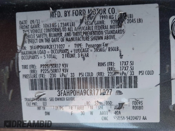 2012 Ford Fusion SE with VIN 3FAHP0HA9CR171027, listed as a IAAI auction lot 42394989 with 249,745 mi miles and . Bid and sale history available at DreamBid. Image 9.