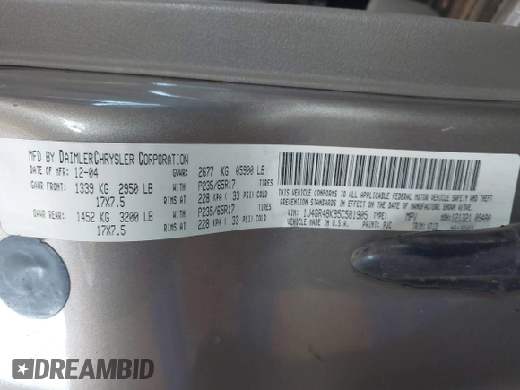 2005 Jeep Grand Cherokee Laredo с VIN 1J4GR48K95C581905, выставлен на аукционе IAAI как лот 42501312 с пробегом 263 819 миль миль и . История ставок и продаж доступна на DreamBid. Изображение 9.