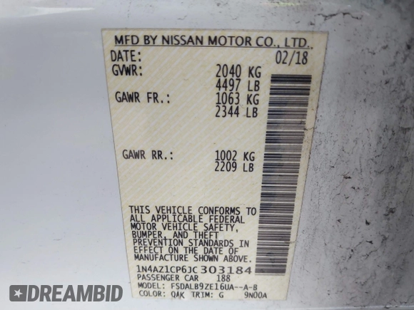 2018 Nissan LEAF S with VIN 1N4AZ1CP6JC303184, listed as a IAAI auction lot 41840462 with 122,983 mi miles and . Bid and sale history available at DreamBid. Image 9.