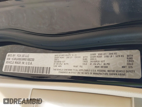 2021 Jeep Grand Cherokee Limited с VIN 1C4RJKBG9M8188230, выставлен на аукционе IAAI как лот 42572867 с пробегом 21 597 миль миль и . История ставок и продаж доступна на DreamBid. Изображение 9.