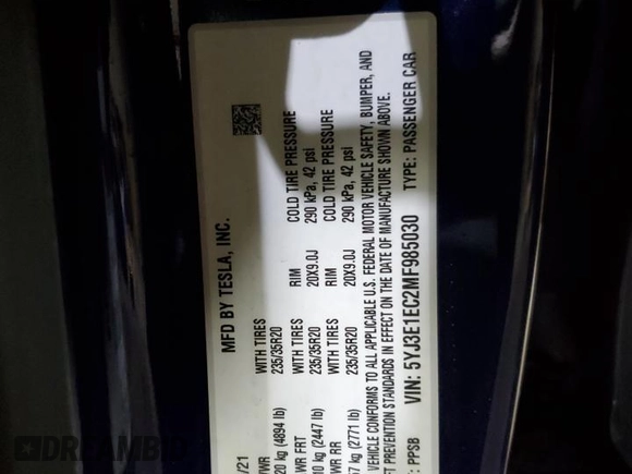2021 Tesla Model 3 Performance with VIN 5YJ3E1EC2MF985030, listed as a Copart auction lot 44117565 with Not Provided miles and Salvage Title. Bid and sale history available at DreamBid. Image 15.