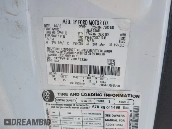 2013 Ford F-150 XL with VIN 1FTFW1ET7DKF33281, listed as a IAAI auction lot 41740736 with 205,677 mi miles. Bid and sale history available at carsss.com. Image 9.