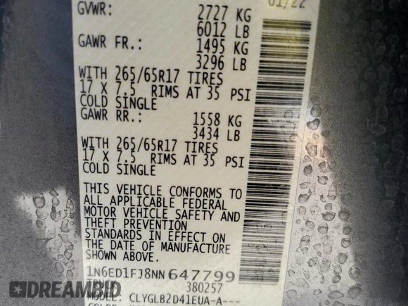 2022 Nissan Frontier SV с VIN 1N6ED1FJ8NN647799, выставлен на аукционе Copart как лот 82972714 с пробегом 46 755 миль миль и Списание • Salvage title. История ставок и продаж доступна на DreamBid. Изображение 14.
