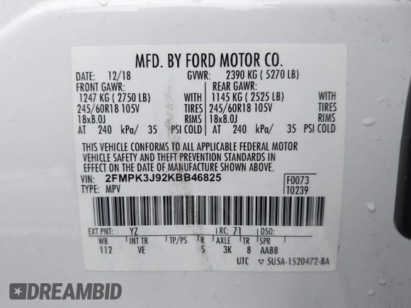 2019 Ford Edge SEL with VIN 2FMPK3J92KBB46825, listed as a IAAI auction lot 42286941 with 81,190 mi miles and . Bid and sale history available at DreamBid. Image 9.