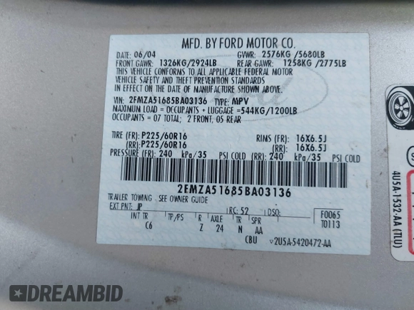 2005 Ford Freestar SE z VIN 2FMZA51685BA03136, wystawiony jako IAAI lot #41677029 z przebiegiem 220 511 mil mil oraz . Historia ofert i sprzedaży dostępna na DreamBid. Obrazek 9.