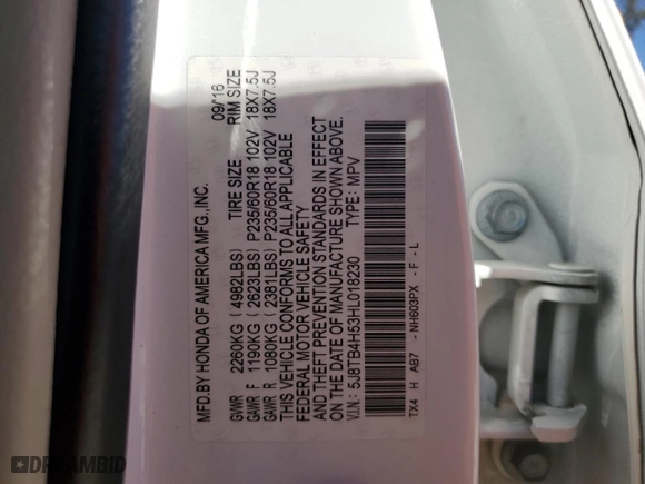 2017 Acura RDX w/Technology Pkg with VIN 5J8TB4H53HL018230, listed as a Copart auction lot 49105055 with 108,488 mi miles and Salvage Title. Bid and sale history available at carsss.com. Image 13.